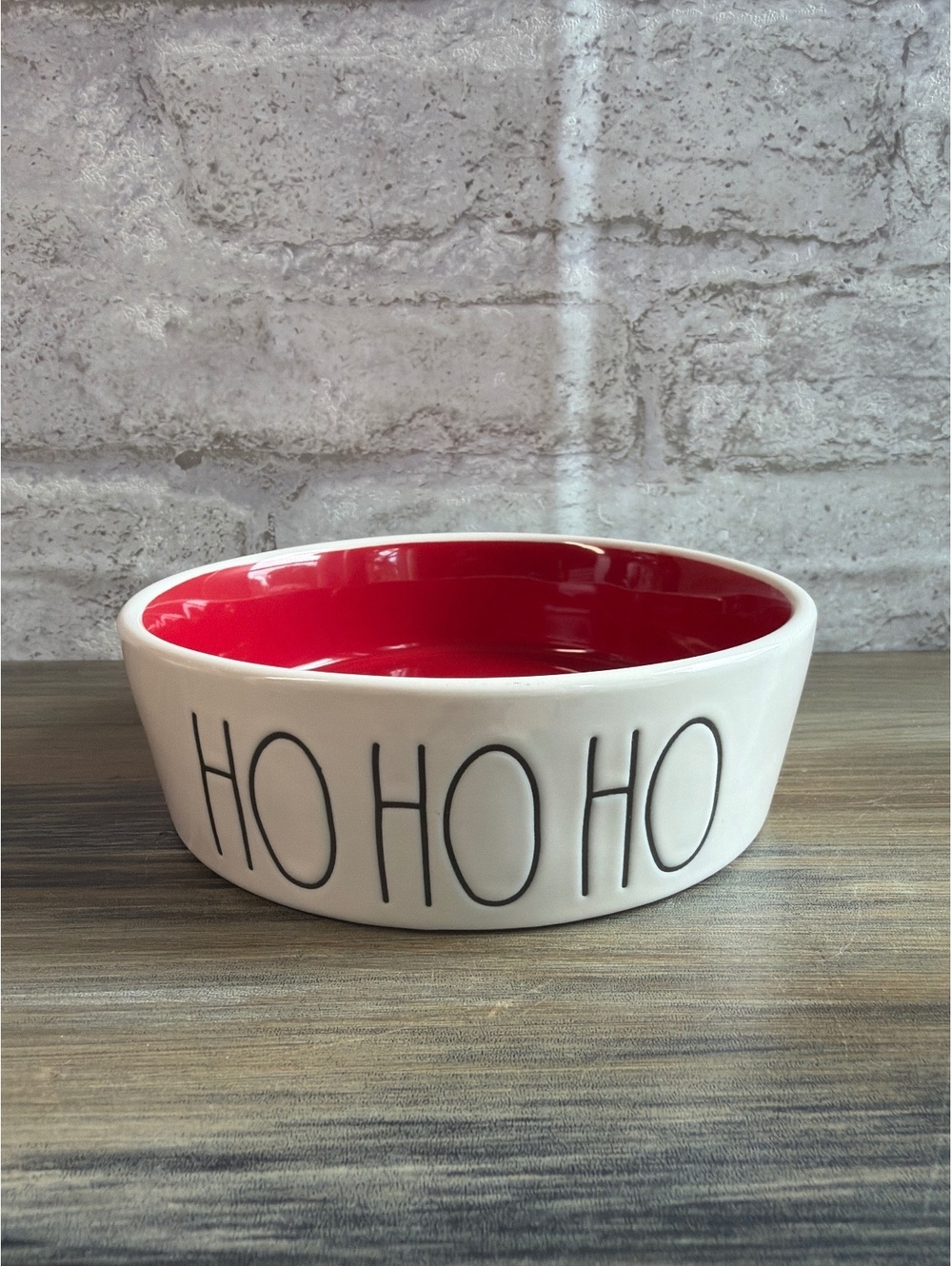 Rae Dunn HO HO HO Christmas Ceramic Pet Bowl White Red Inside Magenta Holiday